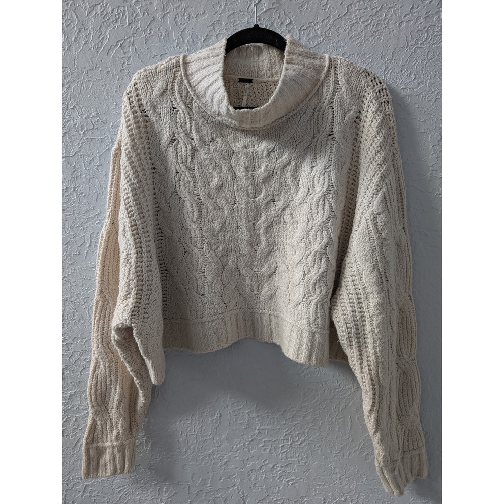 Free People Merry Go Round Sweater Womens L Cream Cable Knit Cropped Mock Neck